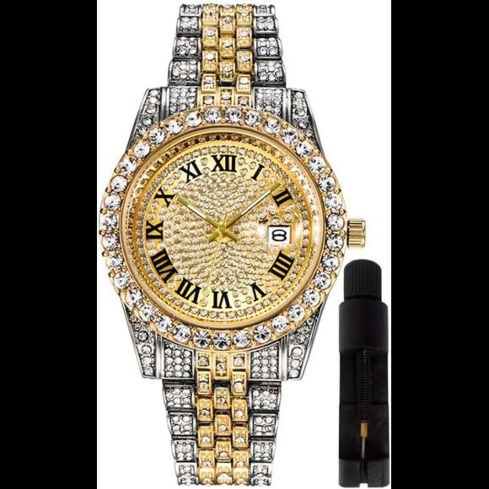 Hip Hop Watches for Men Iced-Out Bling Diamond Luxury Quartz Watches with Date